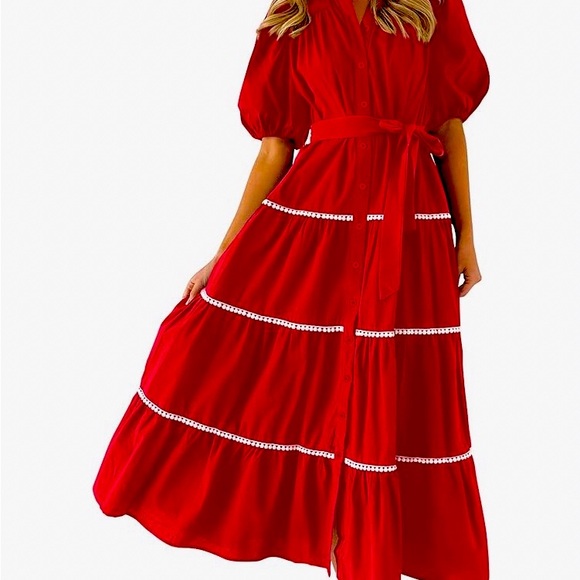 Red Maxi Sundress with Puff Sleeves and V-Neck - Picture 1 of 1